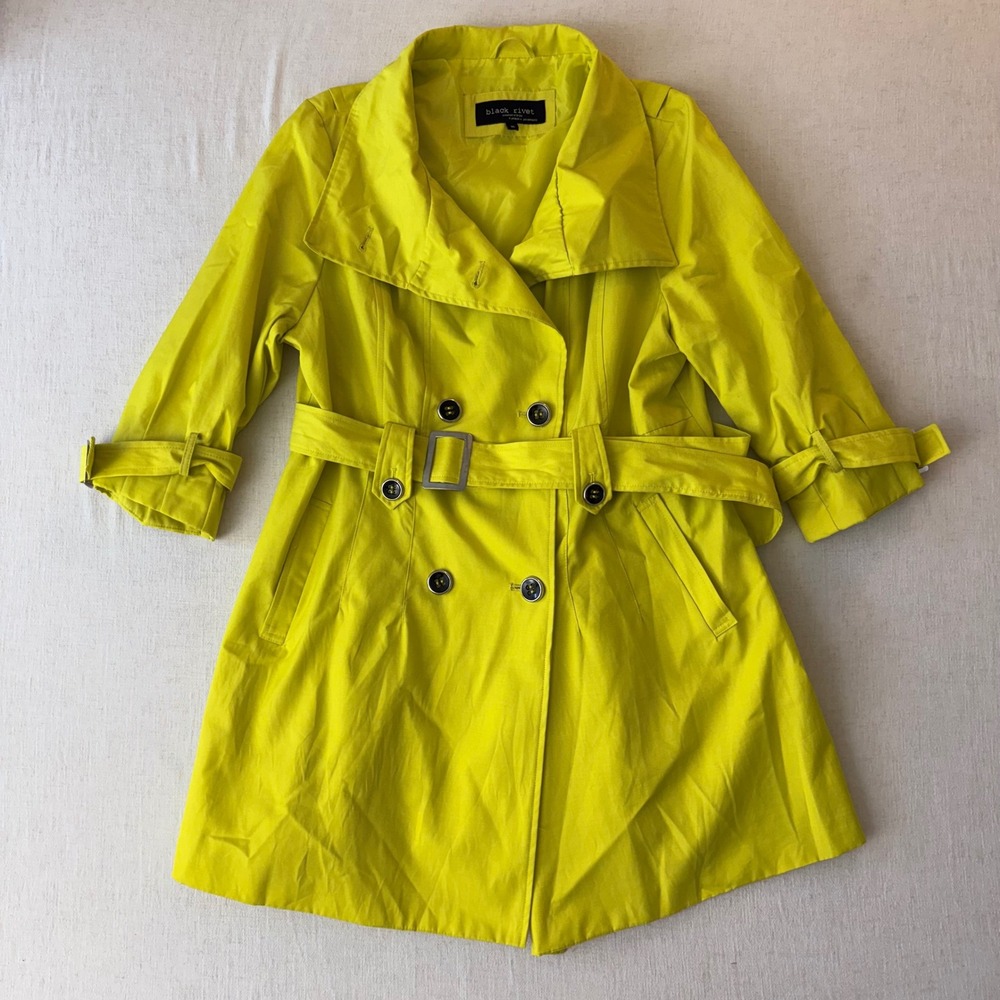 Black Rivet Belted Double Breasted Trench Coat Womens XL Yellow